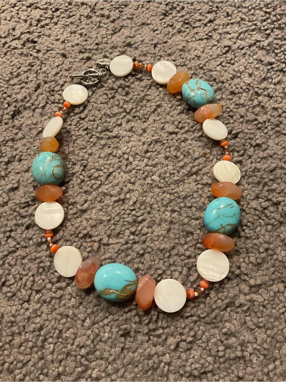 Vintage Amber Brown Turquoise MOP Chunky Beaded Statement Necklace Jewelry Boho